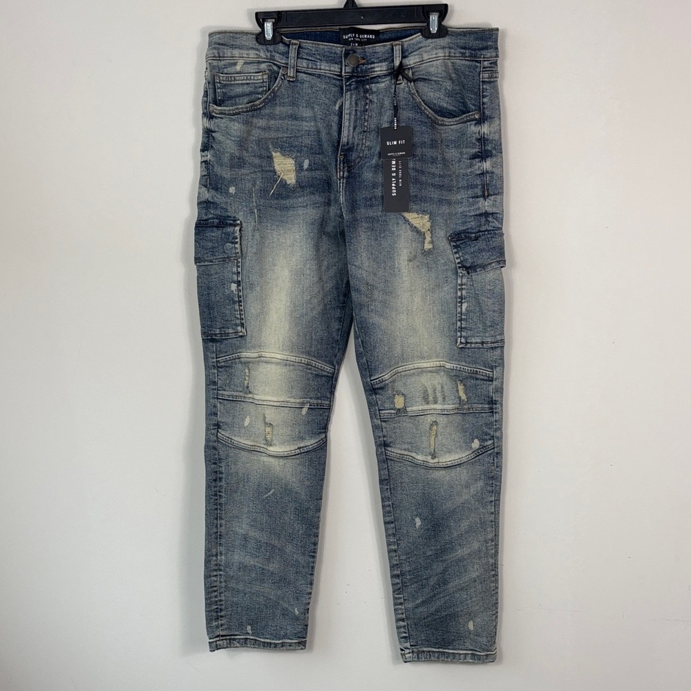 Supply & Demand Distressed Blue Denim Cargo Jeans NWT 34 Waist